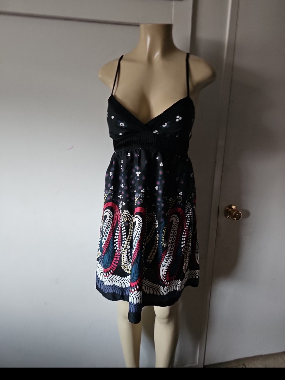 BE COOL Black Spaghetti-Strap Mini Dress with Multicolor Border Print